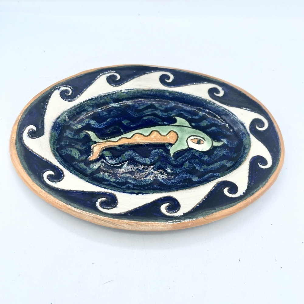Handmade Painted Glazed Fish Dolphin Art Rimmed Plate w/Makers Mark 7”x5” Oval